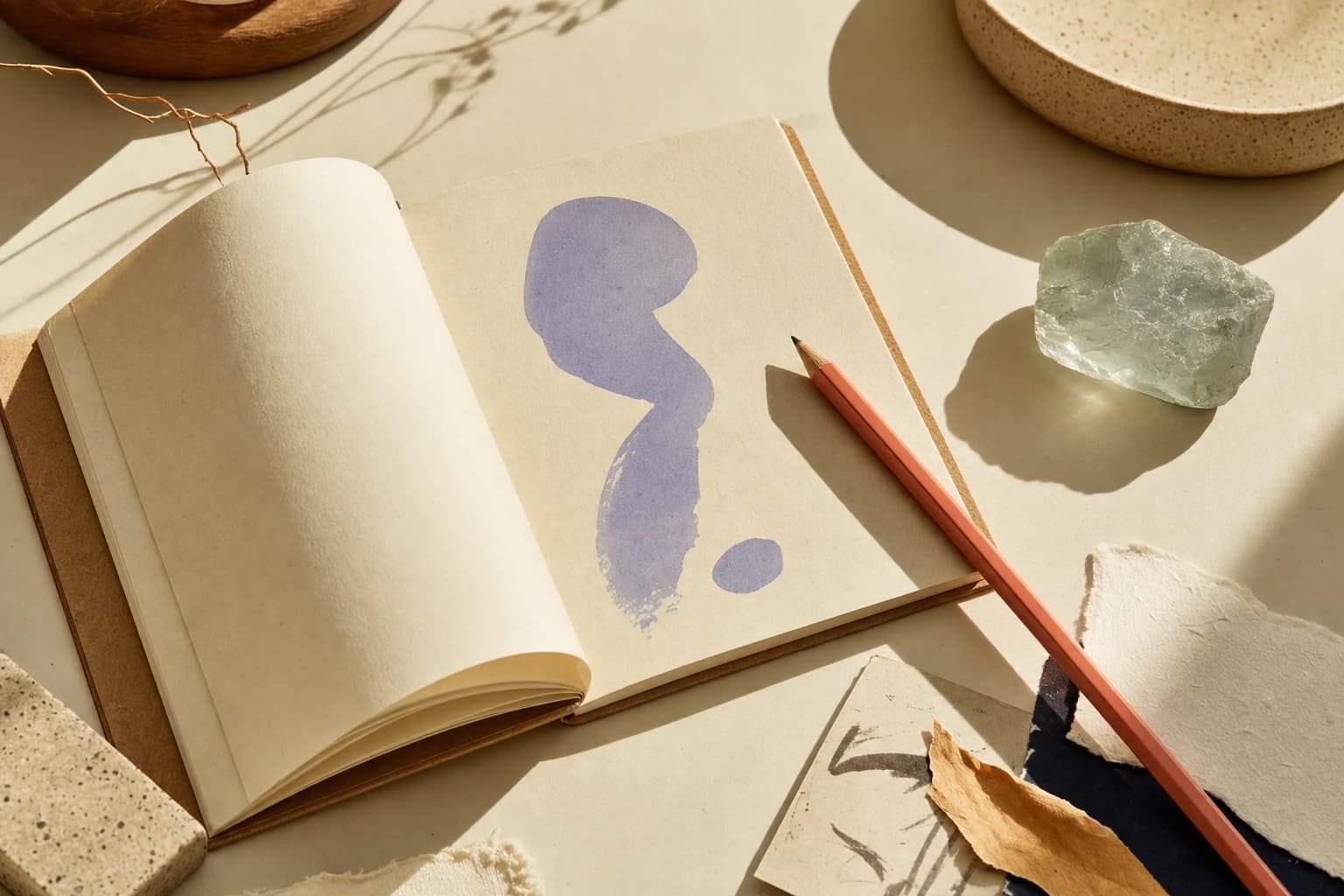 A warm paper notebook, coral pencil, and small objects on a desk