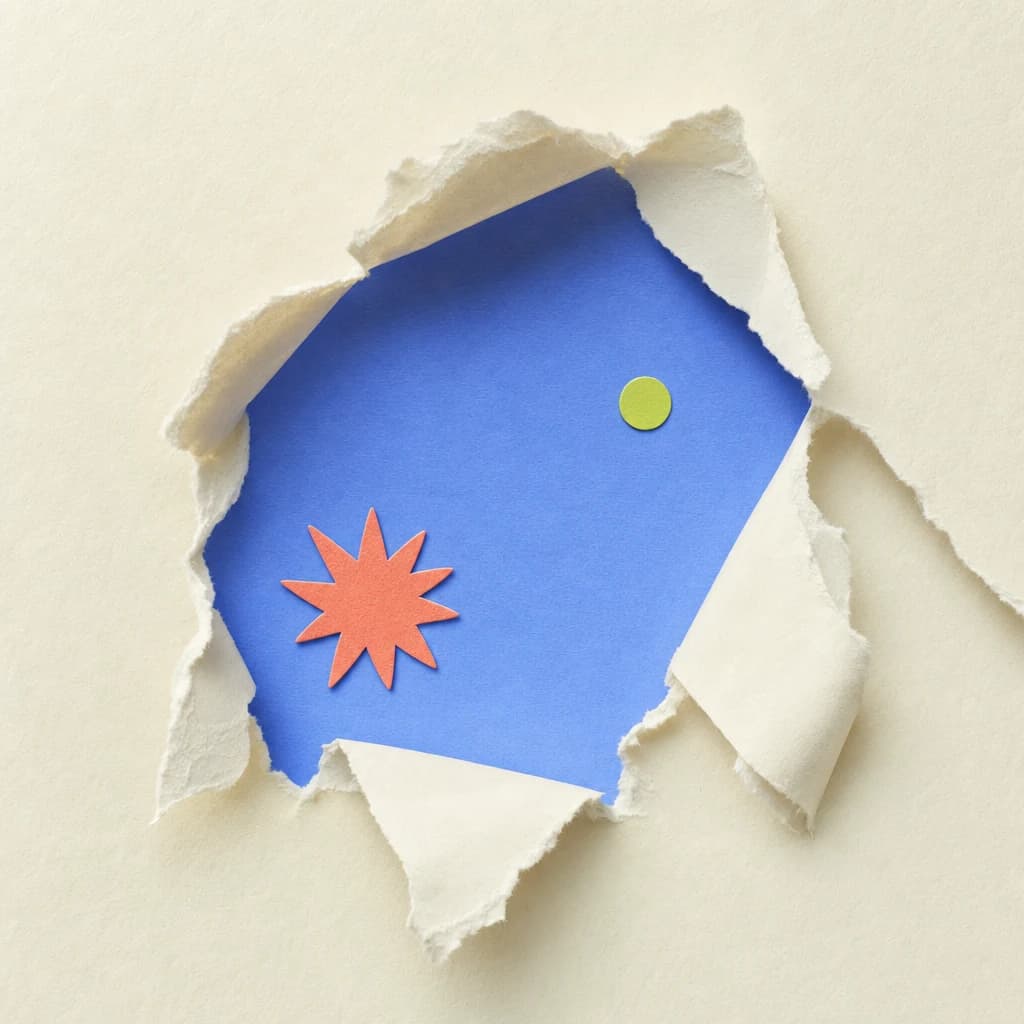 Torn warm paper revealing a periwinkle field with a coral paper mark